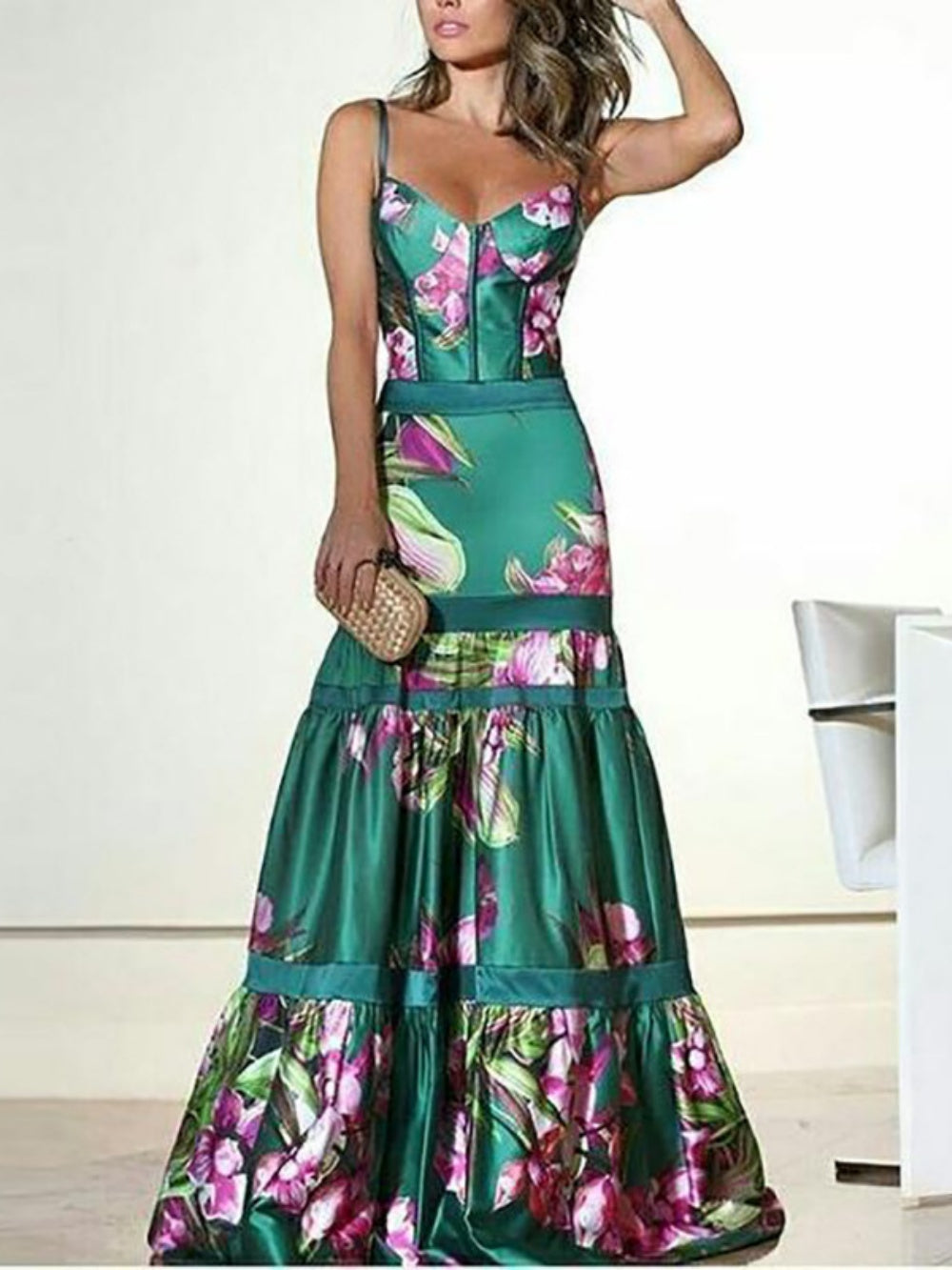 Maxi Satin Long Dress with Printed Panel and Back Straps
