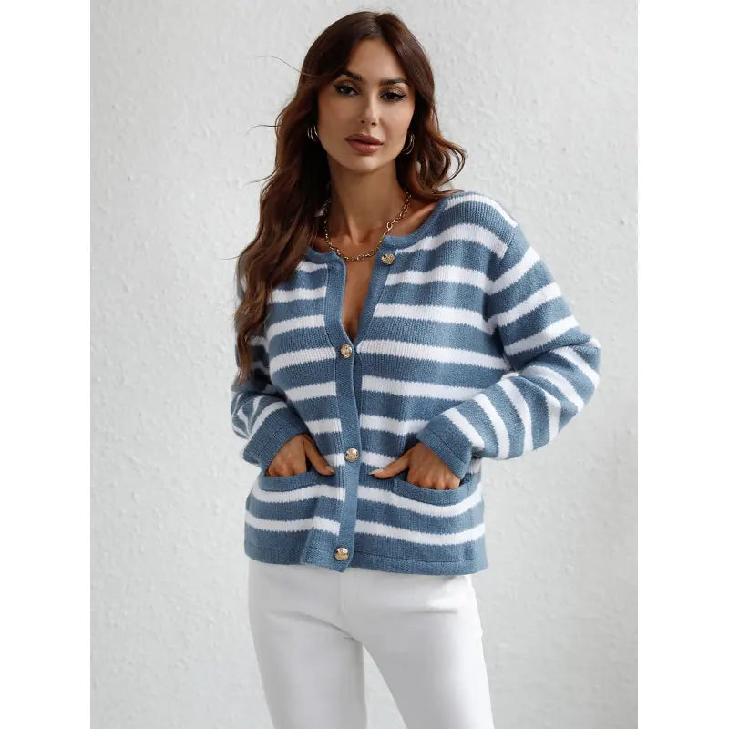 Women's Striped Button-Front Cardigan for Effortless Classic Casual Style