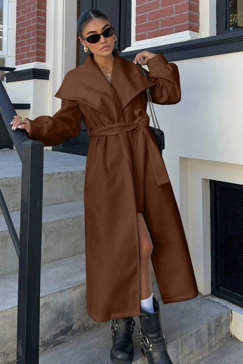 Oversized brown wool coat with elegant lapels