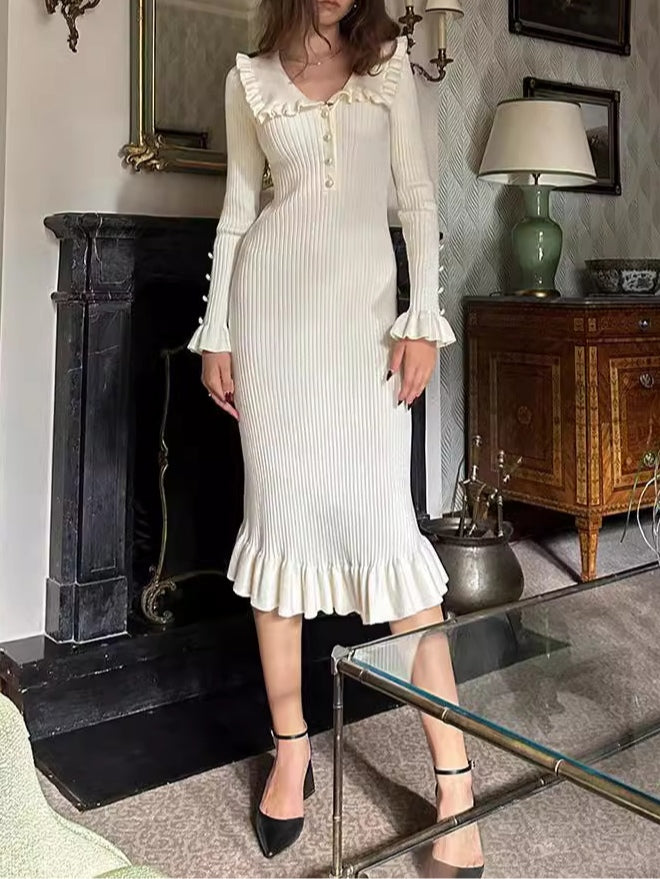 Ruffled Long Sleeve Knitted Midi Dress - Elegant and Cozy Style