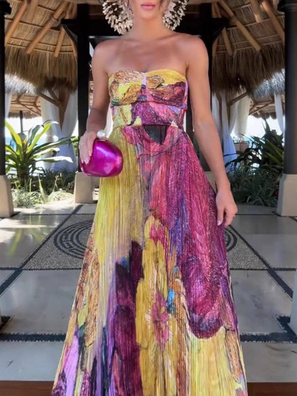Trendy Printed Strapless Pleated Long Dress