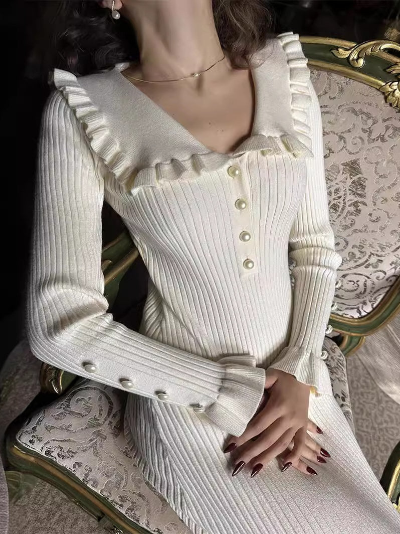 Ruffled Long Sleeve Knitted Midi Dress - Elegant and Cozy Style