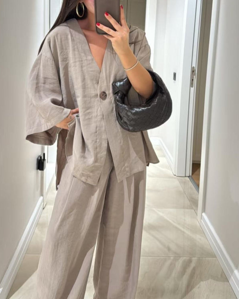 Comfortable Two-Piece Relaxed V-Neck Set