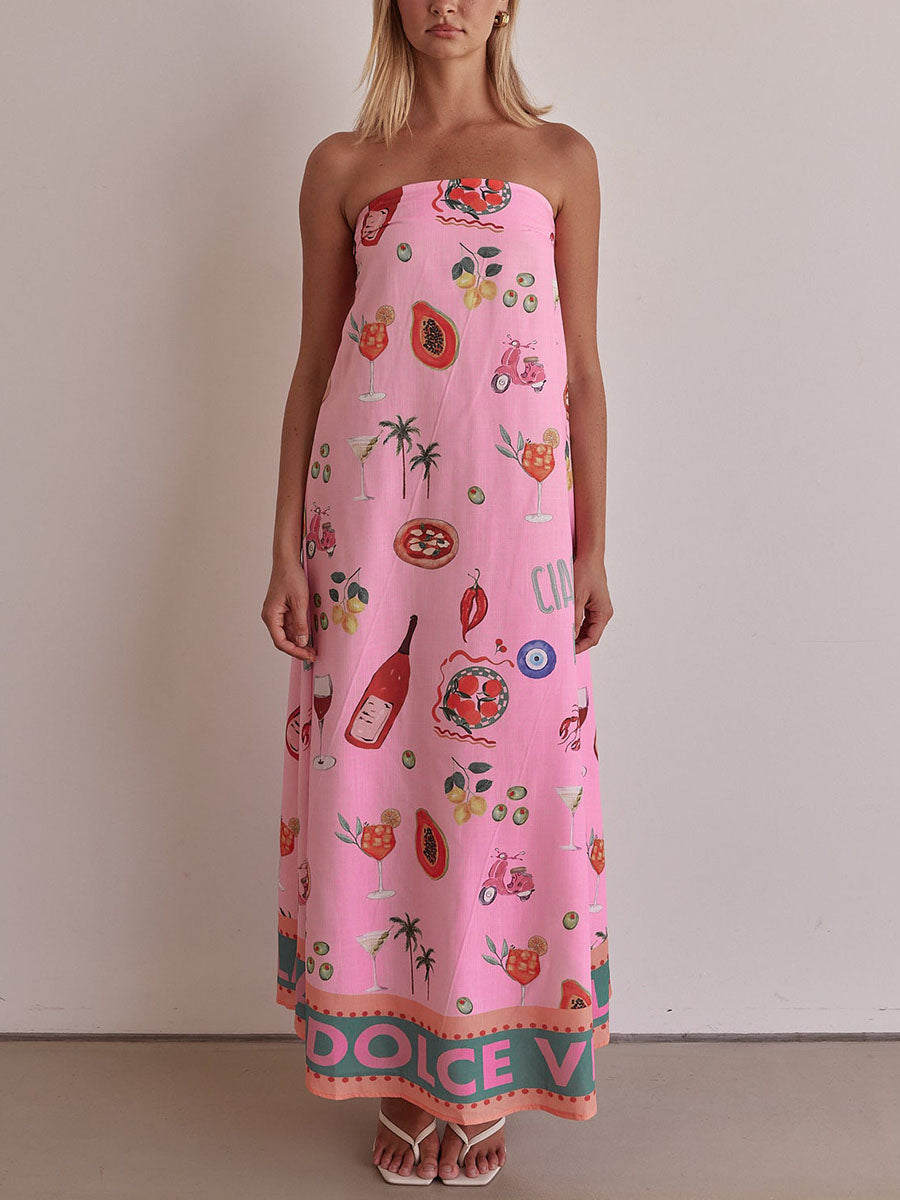 Pink Tube Summer Dress with Vacation Print for a Casual and Trendy Style