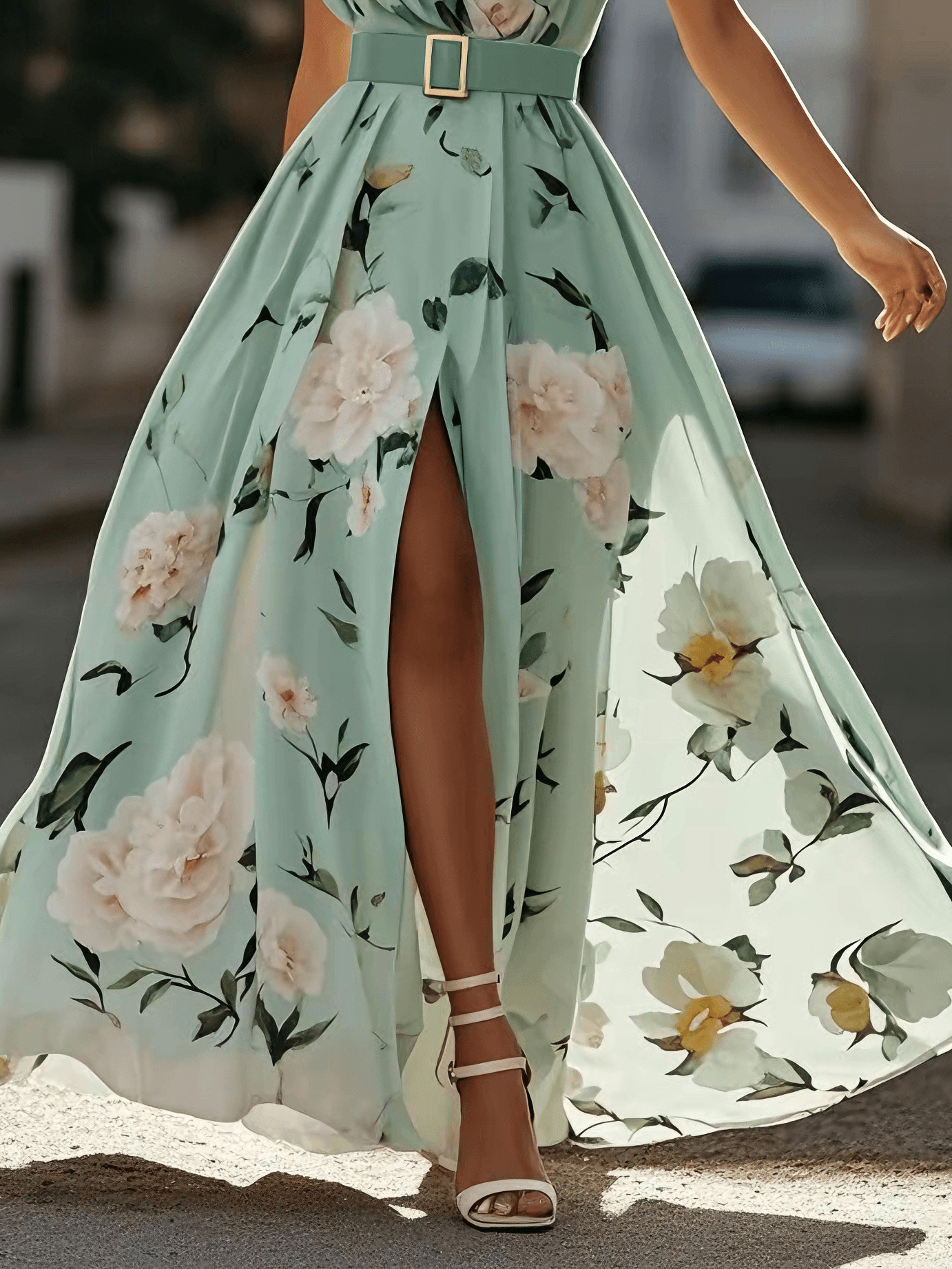 Elegant Light Green Floral One-Shoulder Ruched A-Line Maxi Dress in Chiffon