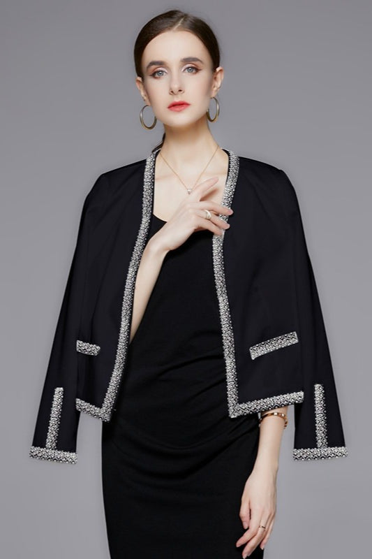 Short jacket with openings and pearls, elegant and fashionable
