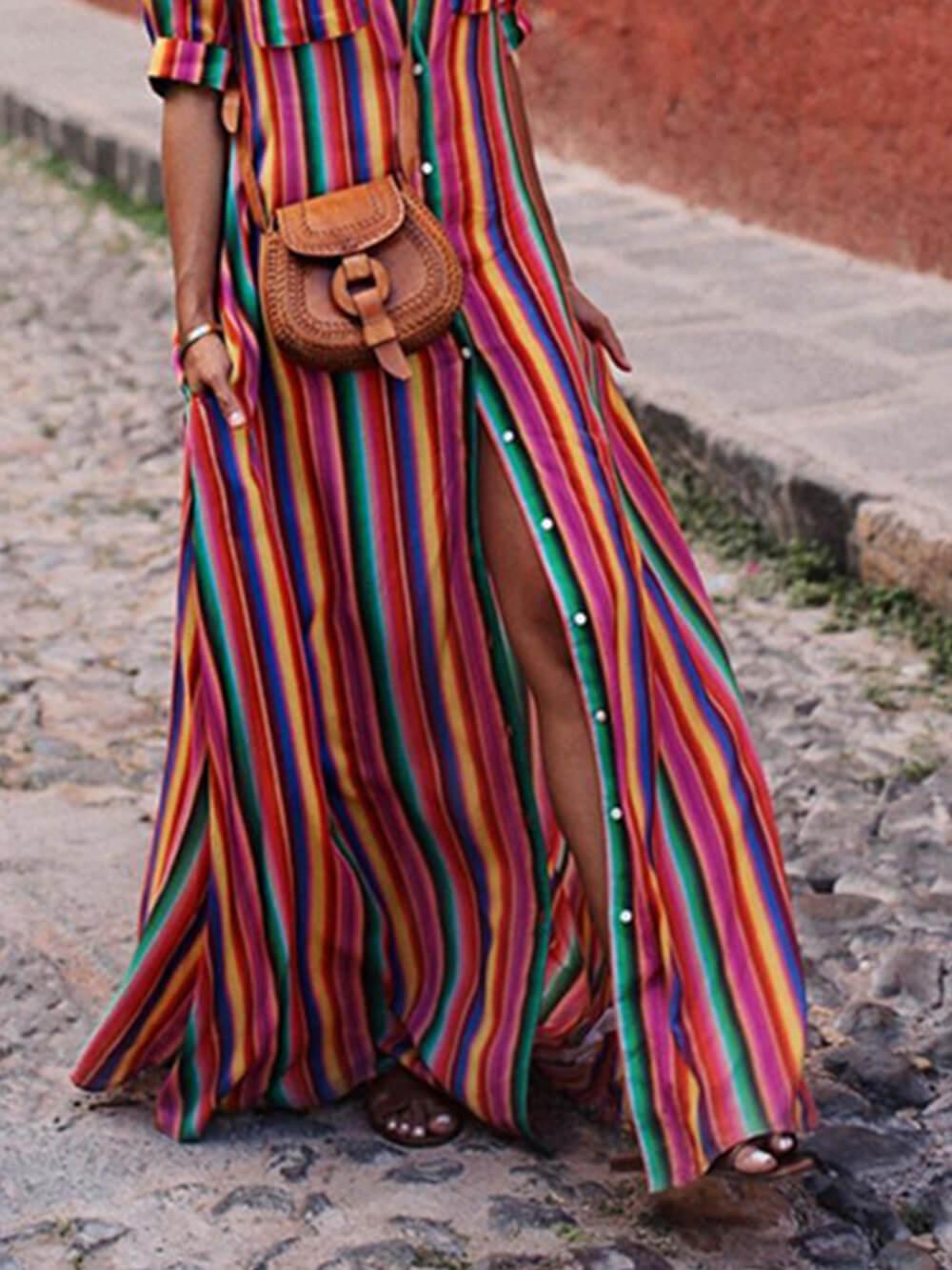 Casual striped shirt and long skirt with elegant print