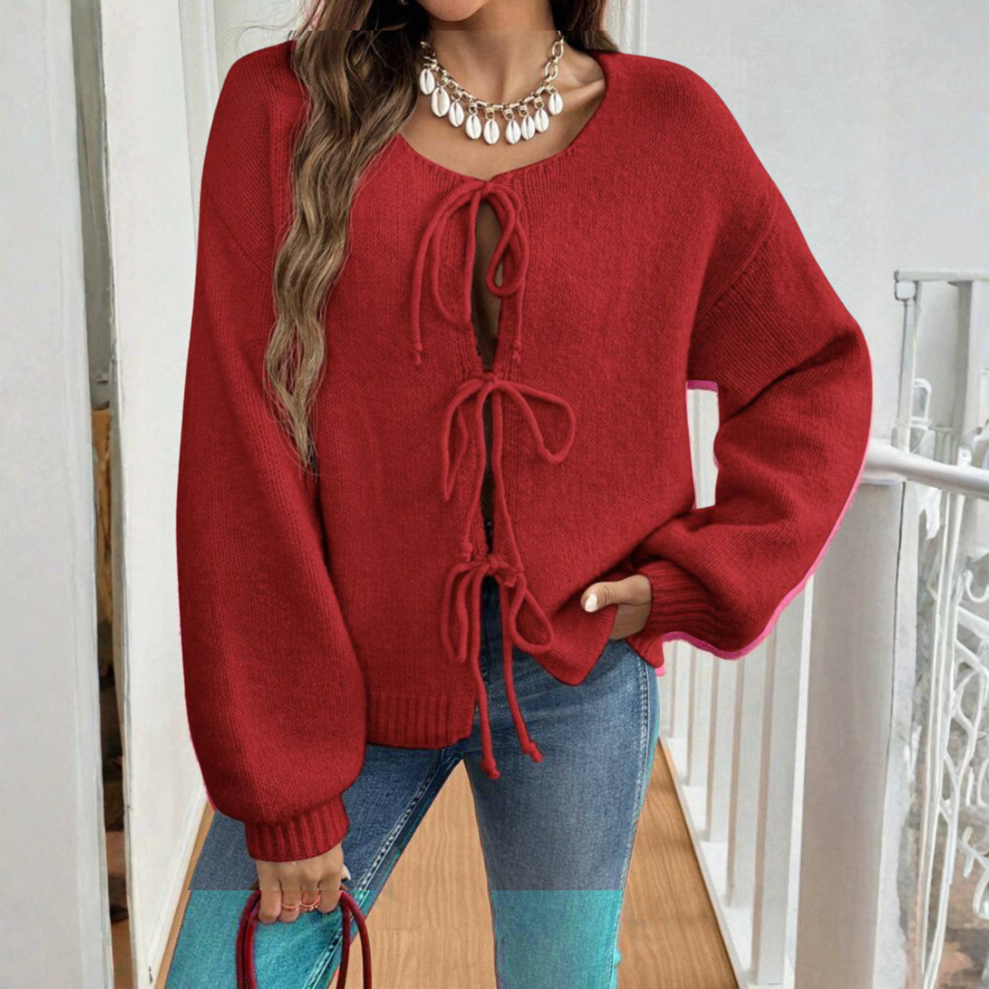 Chic Long-Sleeve Tie-Front Cardigan with Round-Neck