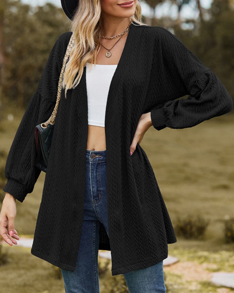 Women's Open-Front Cardigan in Textured Knit, Dramatic Long Voluminous Sleeves, Mid-Thigh Length
