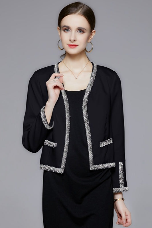 Short jacket with openings and pearls, elegant and fashionable