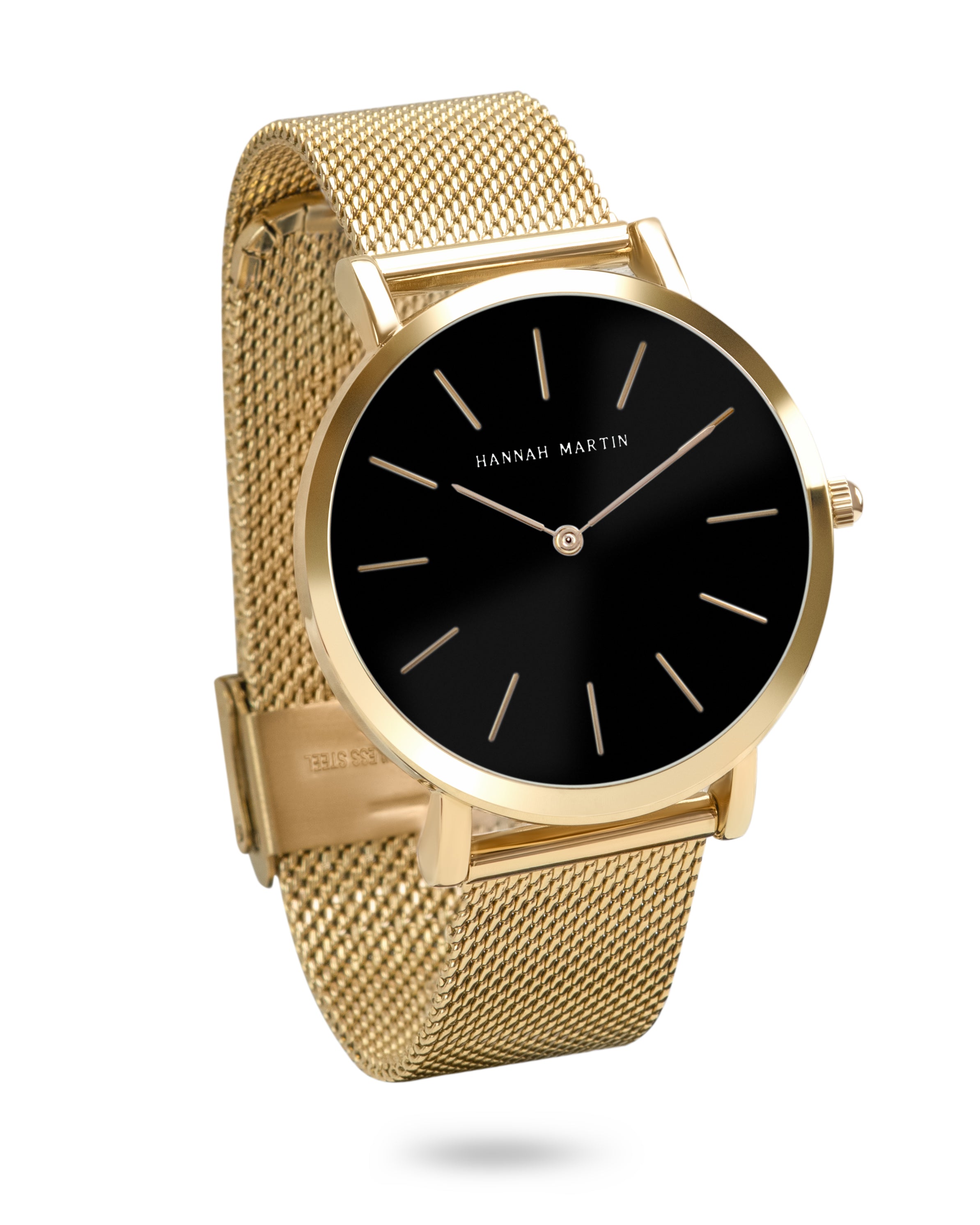 Noir Luxe - Elegant Gold Round Watch with Black Dial and Luxury Mesh Band