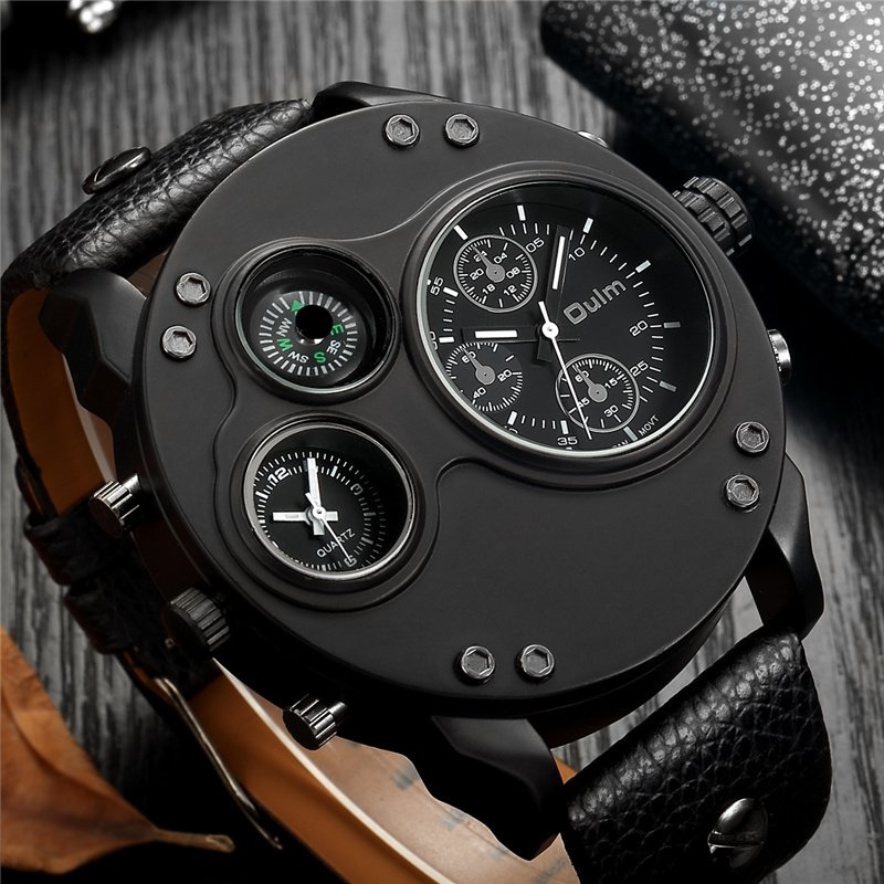 Elegant Black Leather Chronograph Watch with Dual Time Zones