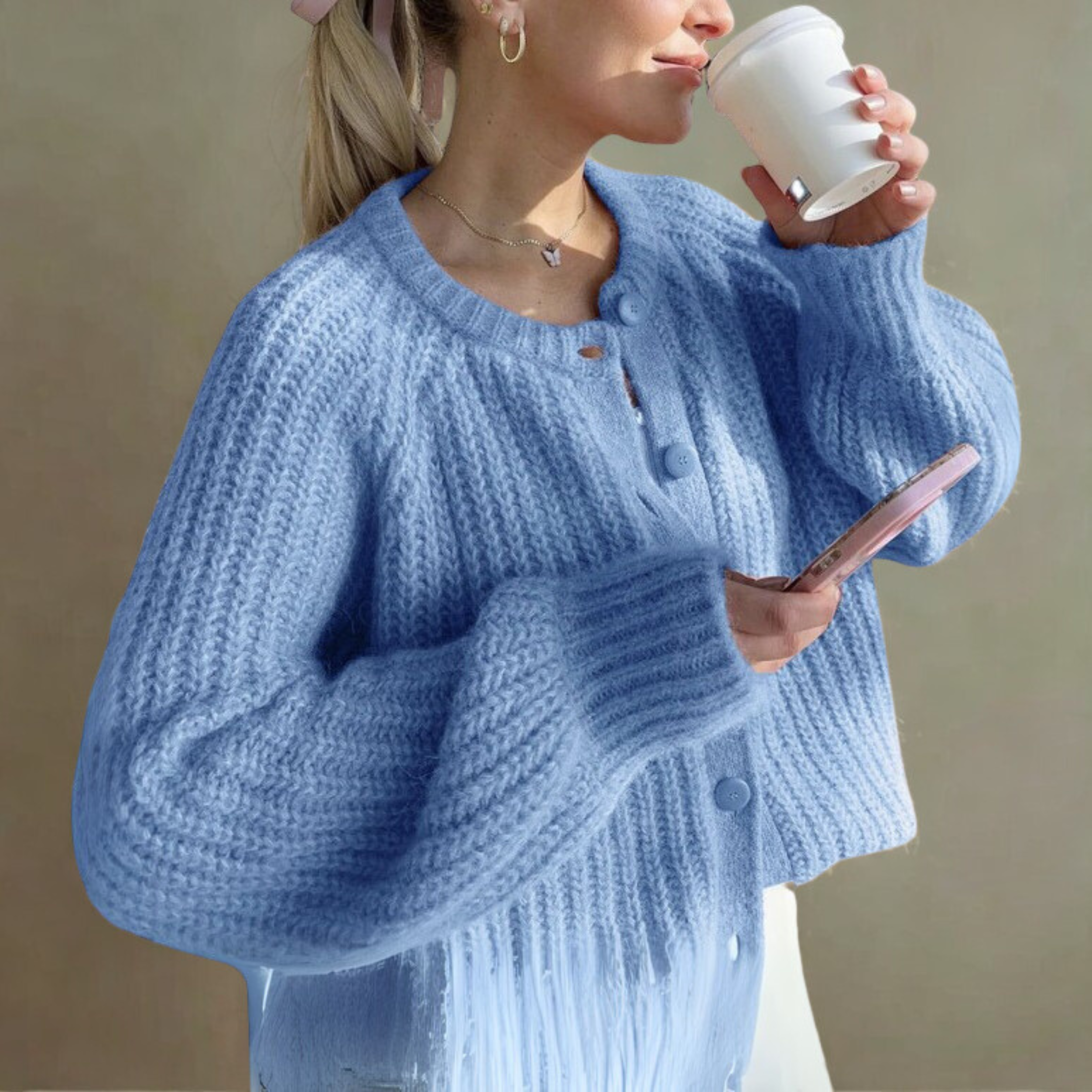 Cozy Solid Button-Down Cardigan, Long Sleeve, Round Neck