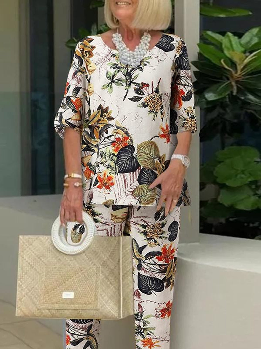 Two-Piece Floral Print Set with Round Neck