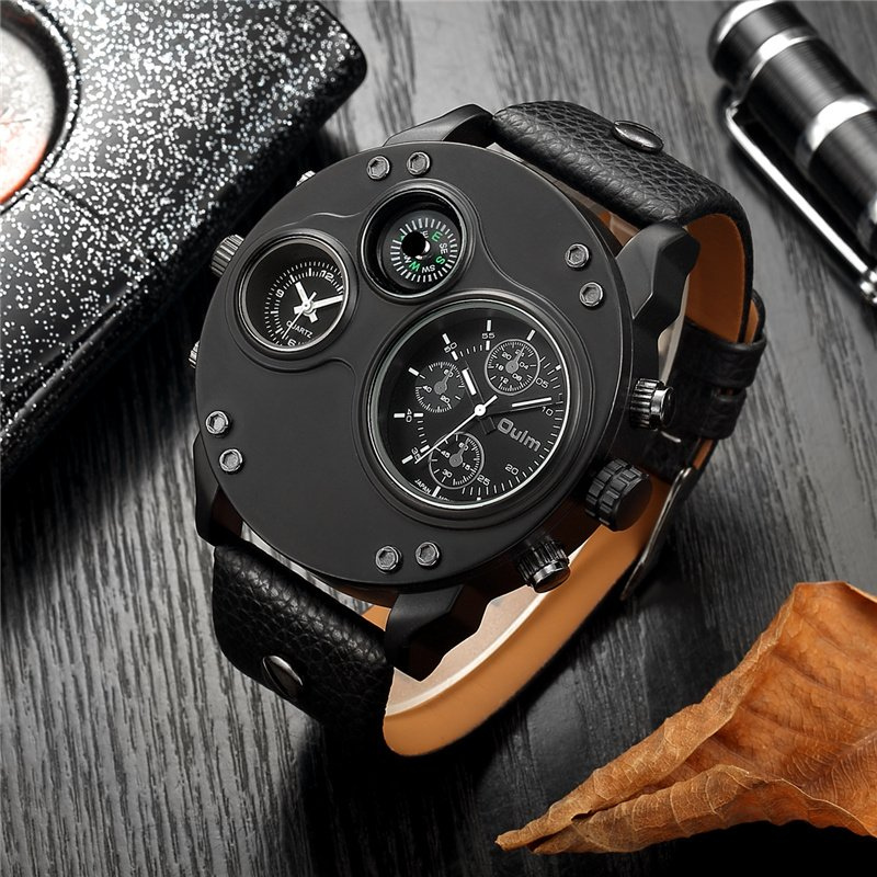 Elegant Black Leather Chronograph Watch with Dual Time Zones