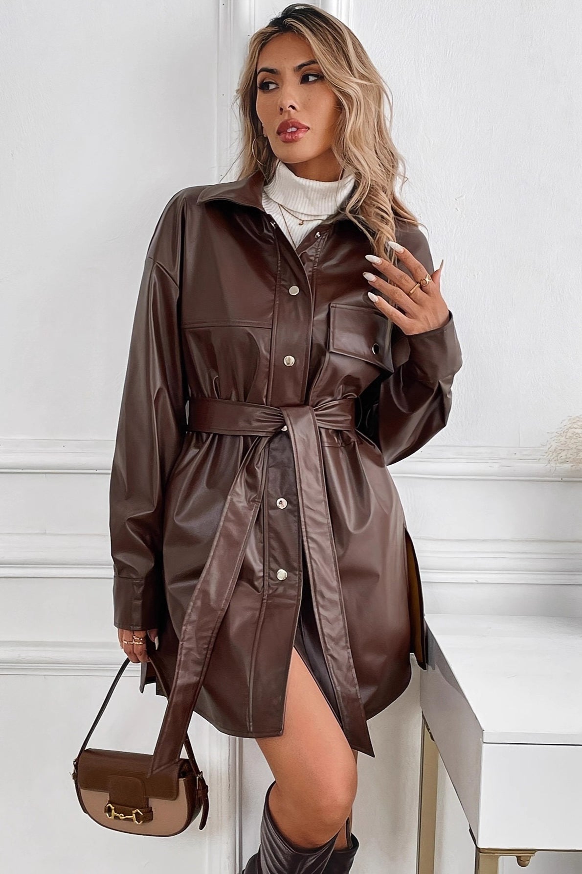 Midi-length waterproof coat with belt and windproof trim