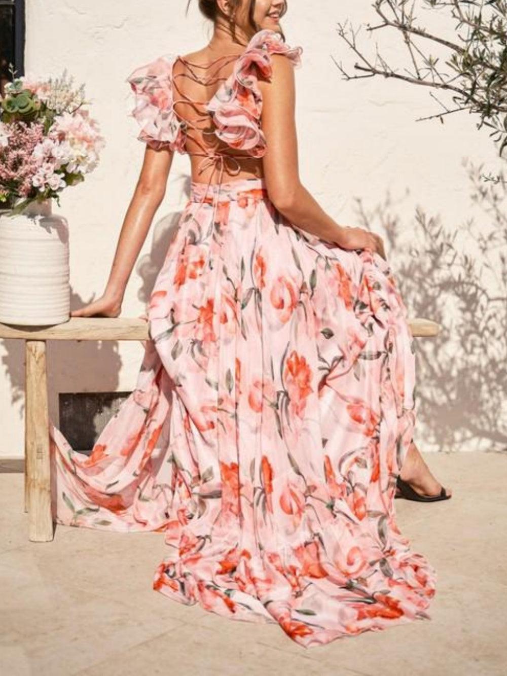 Printed Maxi Dress without a Deep Neckline for an Elegantly Casual Look