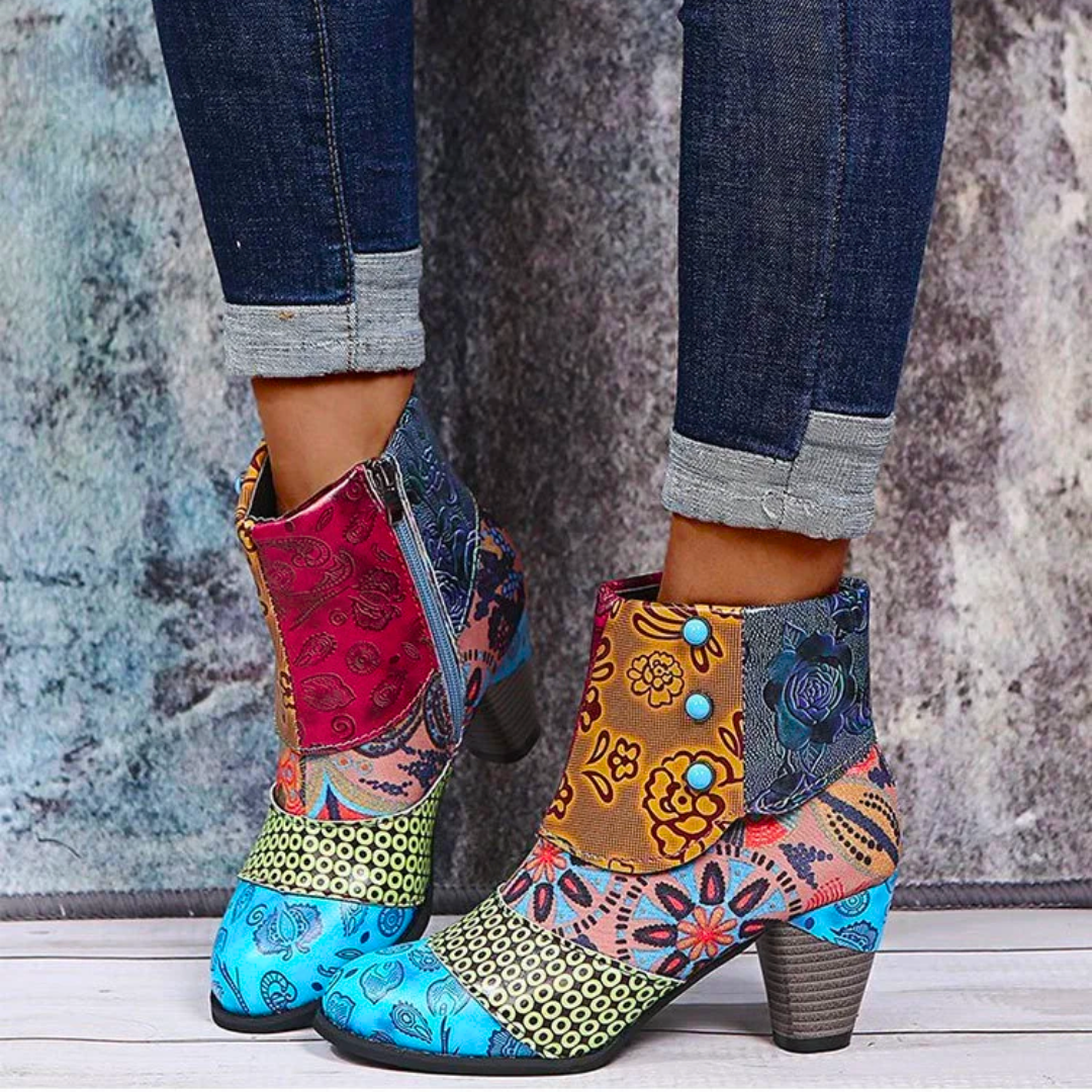 Mia: Vibrant Patchwork Ankle Boots with Bold Block Heels