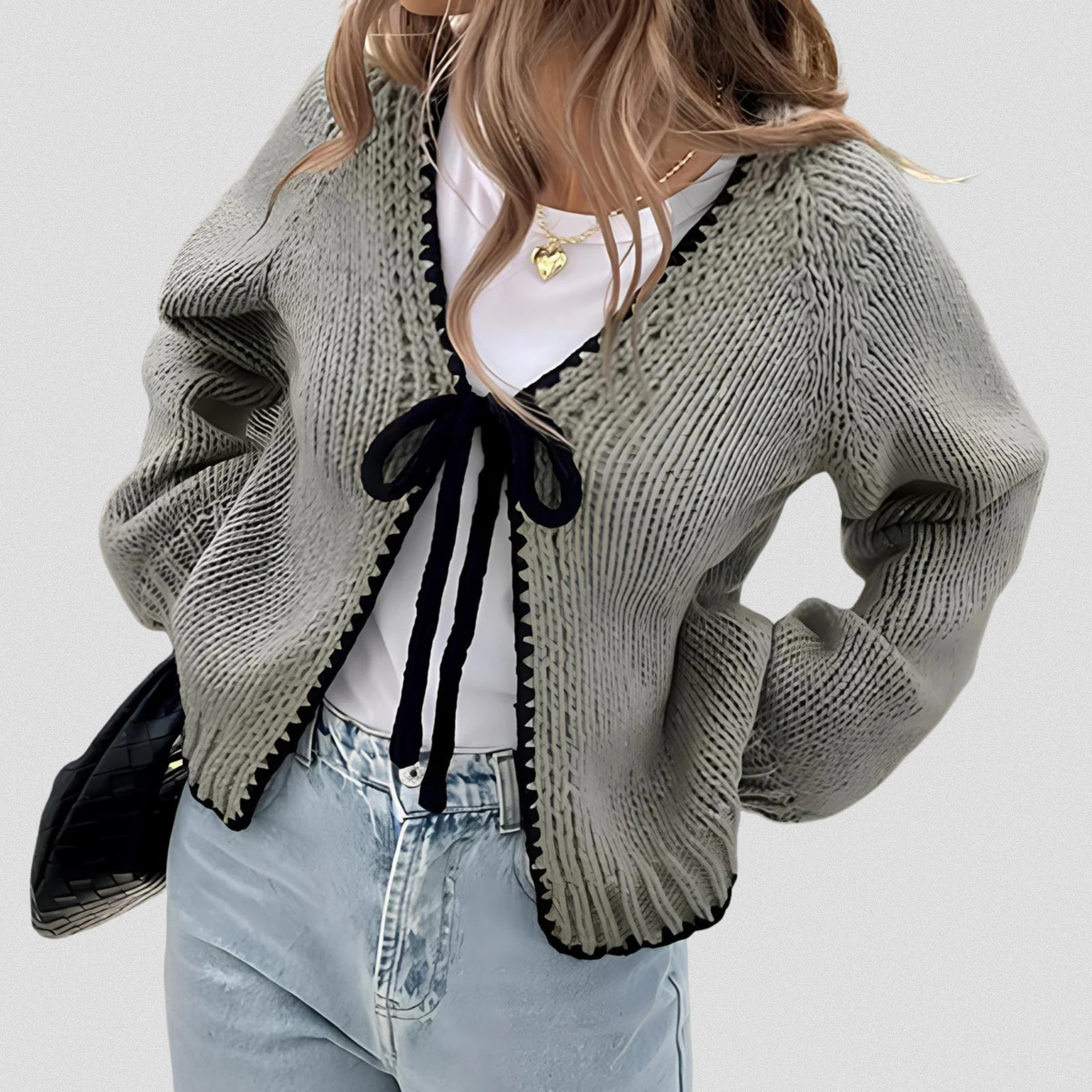 Chic Ribbon-Detail Long-Sleeve Open-Front Cardigan