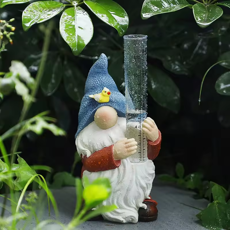 Soraya - Charming Gnome Garden Statue with Rain Gauge Made of Resin for Enchanting Garden Decoration