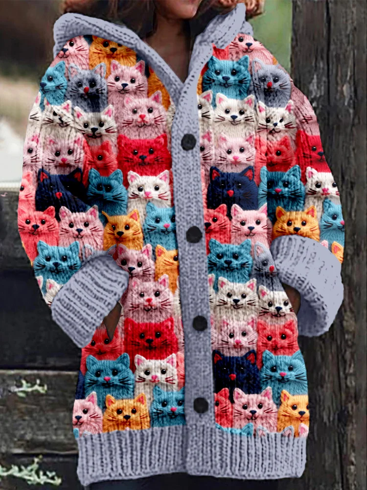 Cozy Women's Hooded Cardigan with a Colorful Cat Print