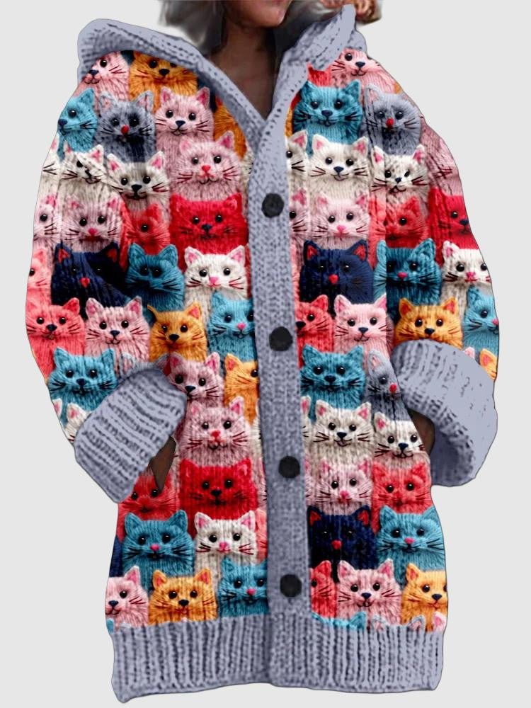 Cozy Women's Hooded Cardigan with a Colorful Cat Print