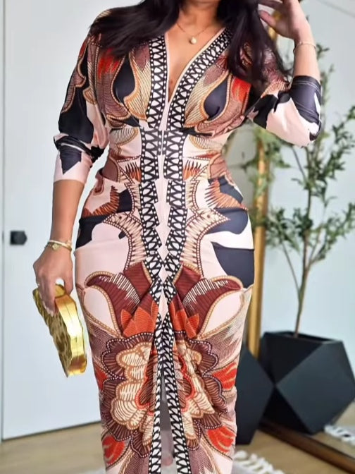 Long Vintage Baroque Dress with Long Sleeves and Deep V-neck, Fitted and Elegant