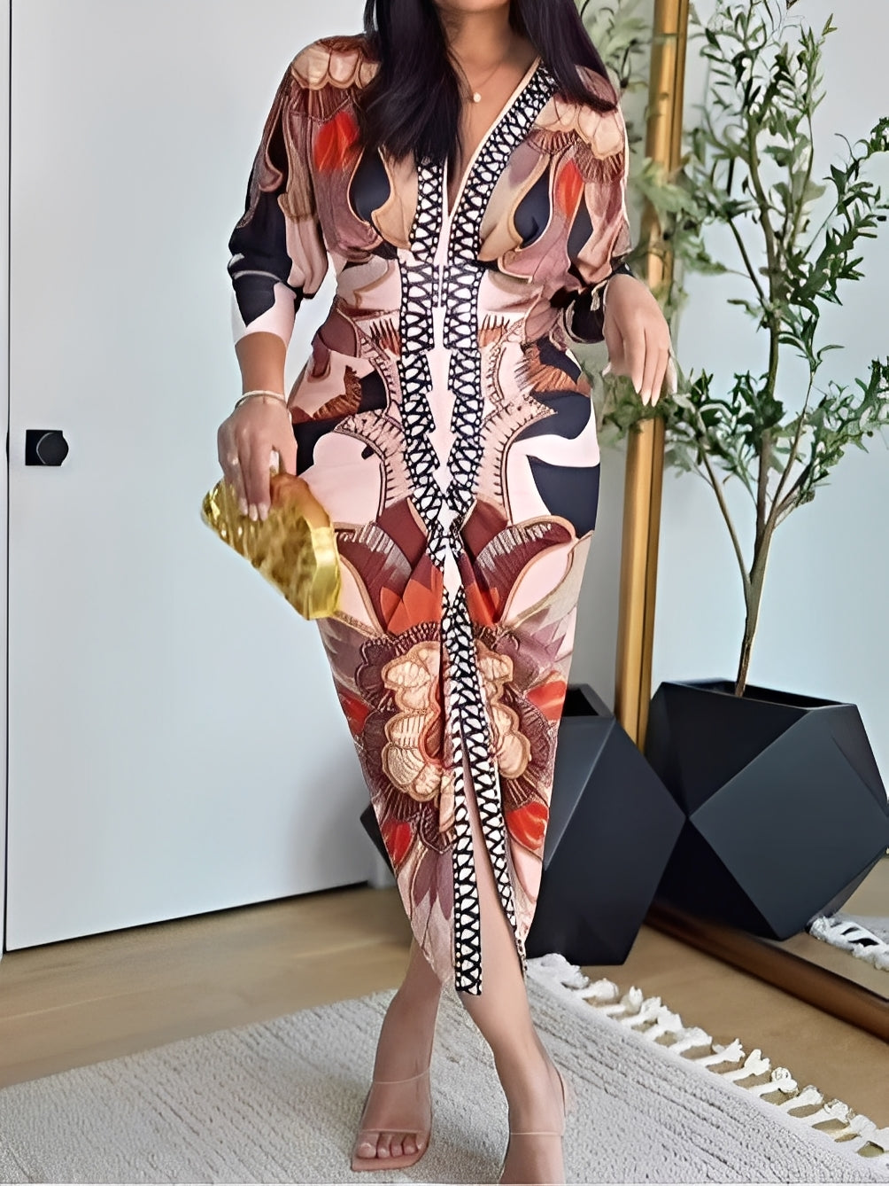 Long Vintage Baroque Dress with Long Sleeves and Deep V-neck, Fitted and Elegant