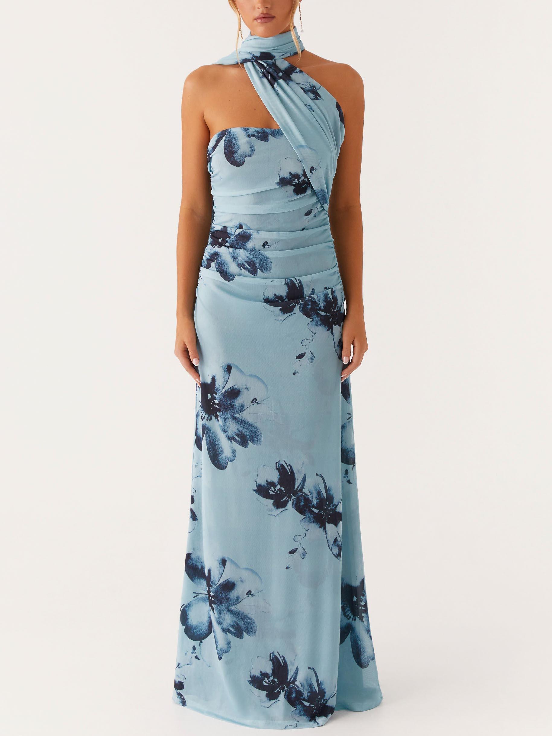 Elegant Long Maxi Dress with Floral Print and Deep V Neckline