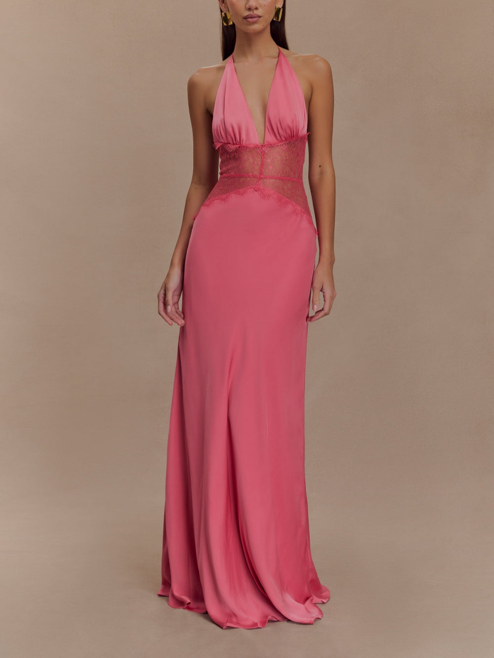 Elegant Deep V Silk Satin Maxi Dress with Stylish Halterneck