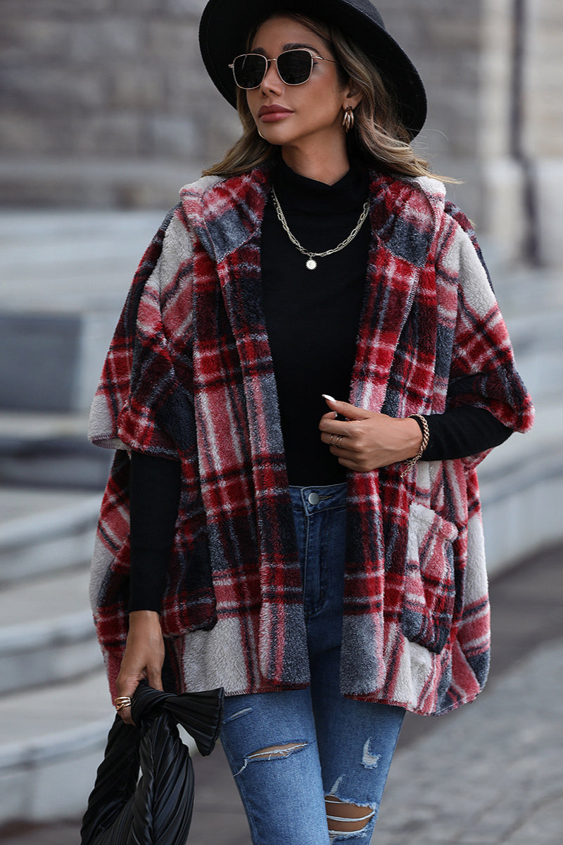 Fuzzy Plaid Hooded Short Sleeve Coat - Cozy and Stylish Layer for Any Occasion
