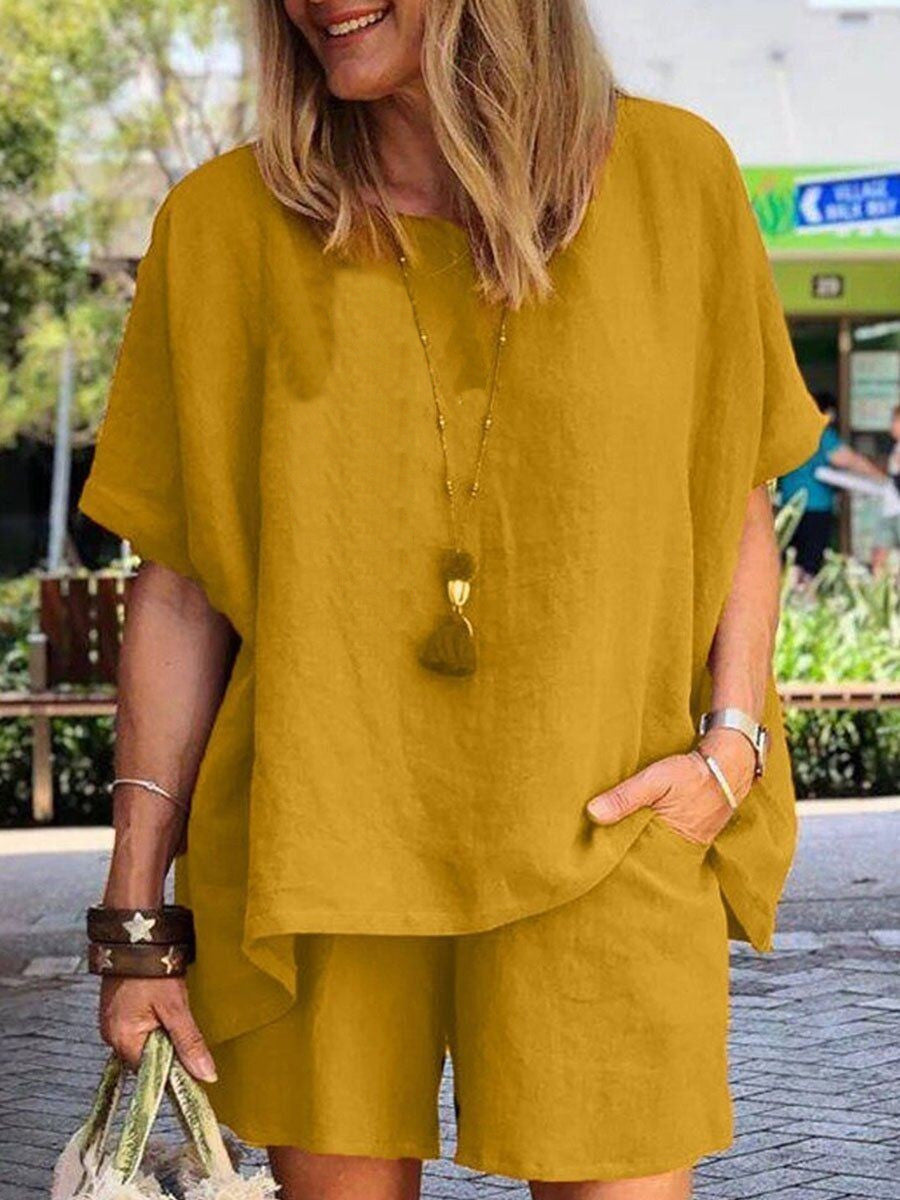 Short Sleeve Two-Piece Linen Set with Loose Shorts