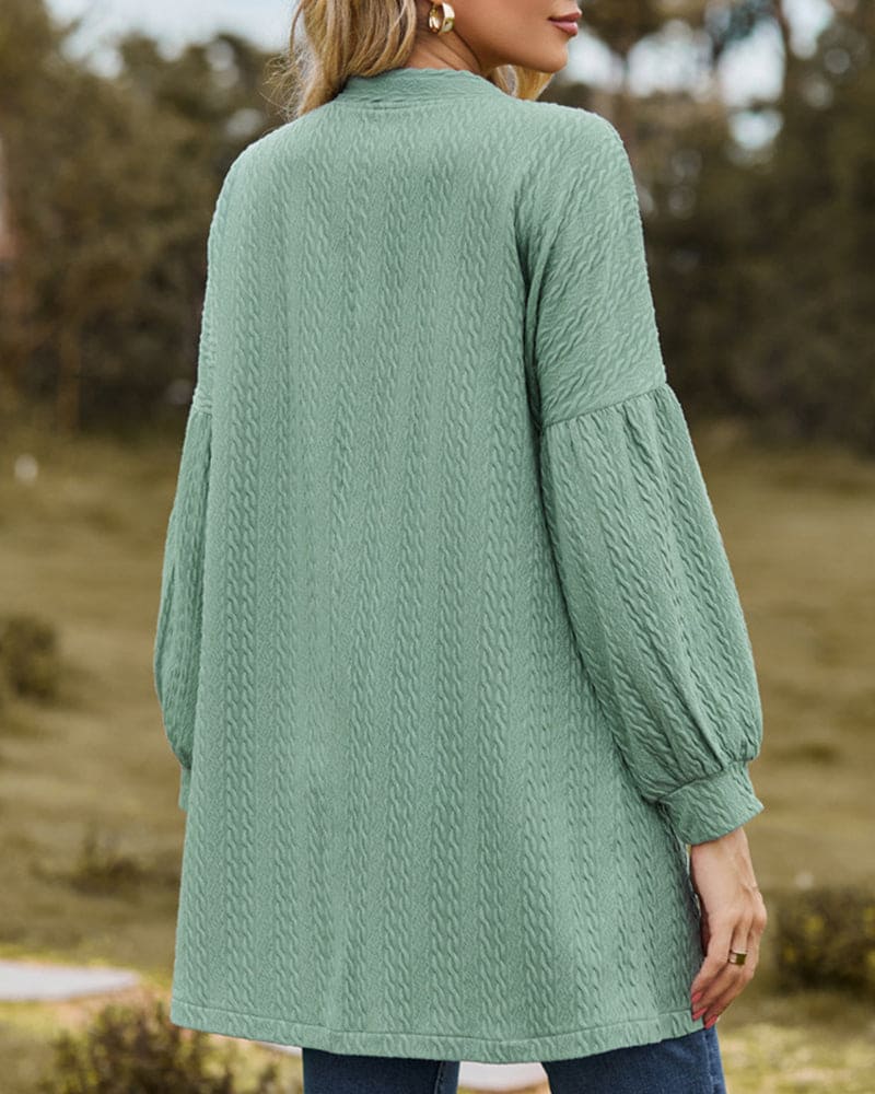 Women's Open-Front Cardigan in Textured Knit, Dramatic Long Voluminous Sleeves, Mid-Thigh Length
