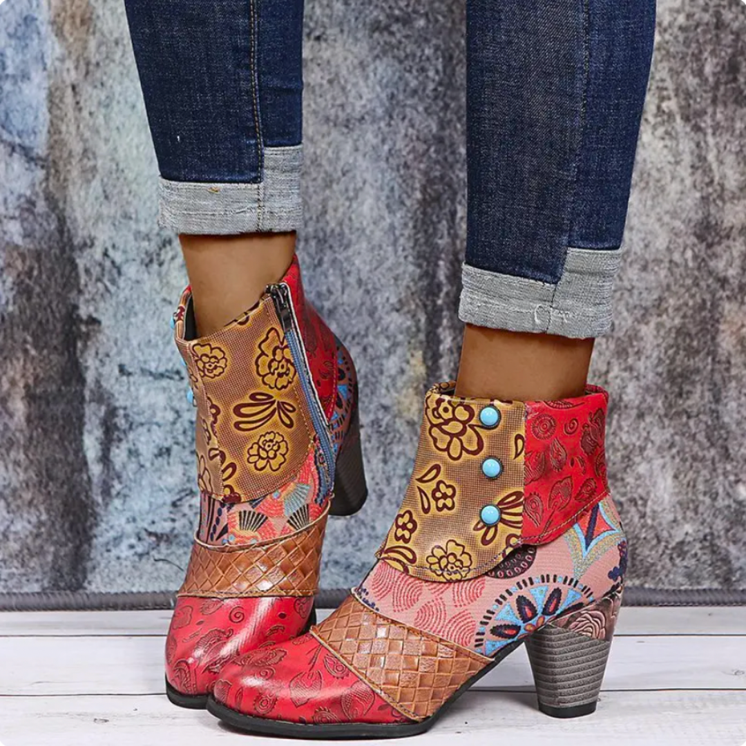 Mia: Vibrant Patchwork Ankle Boots with Bold Block Heels