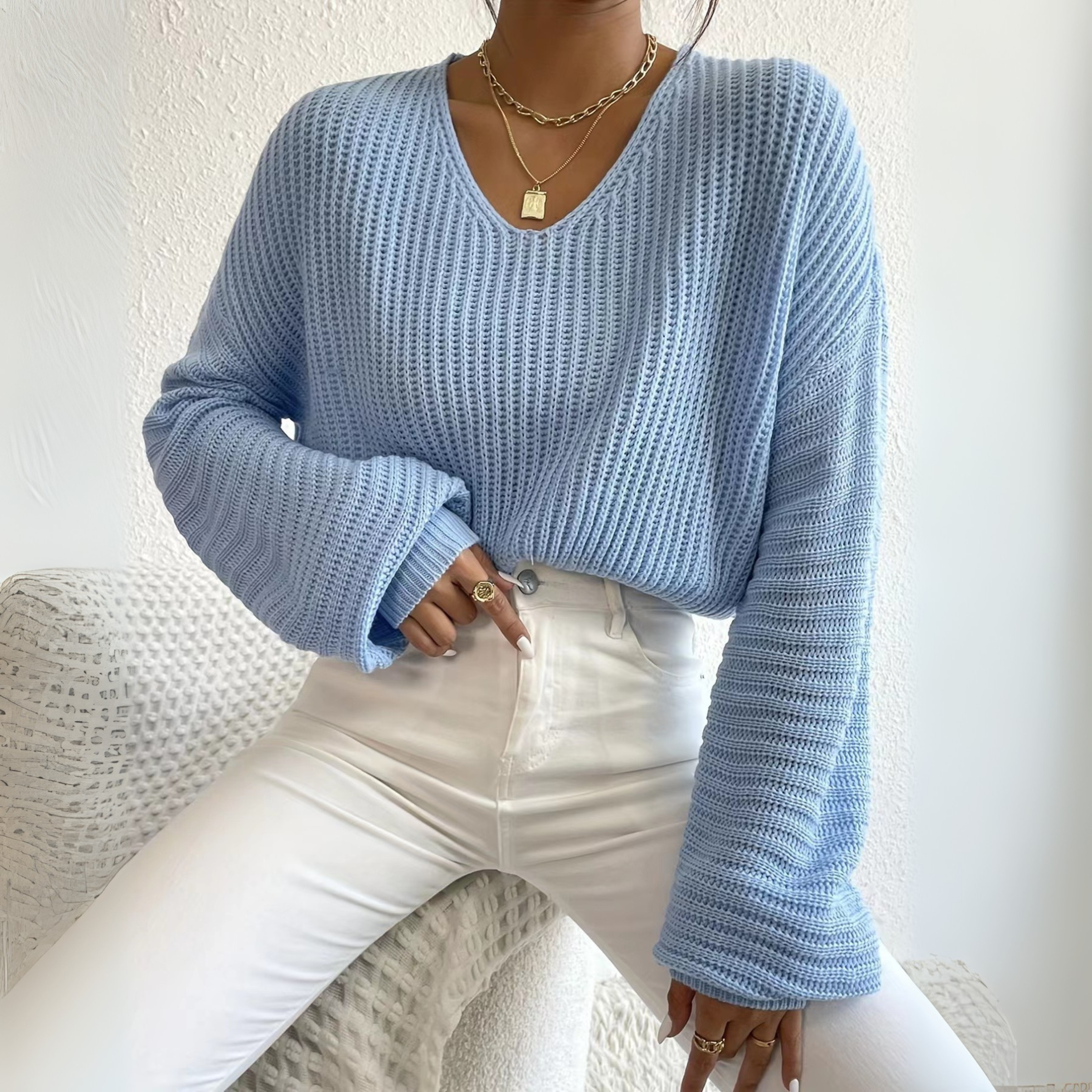Cozy V-Neck Long-Sleeve Knit Sweater