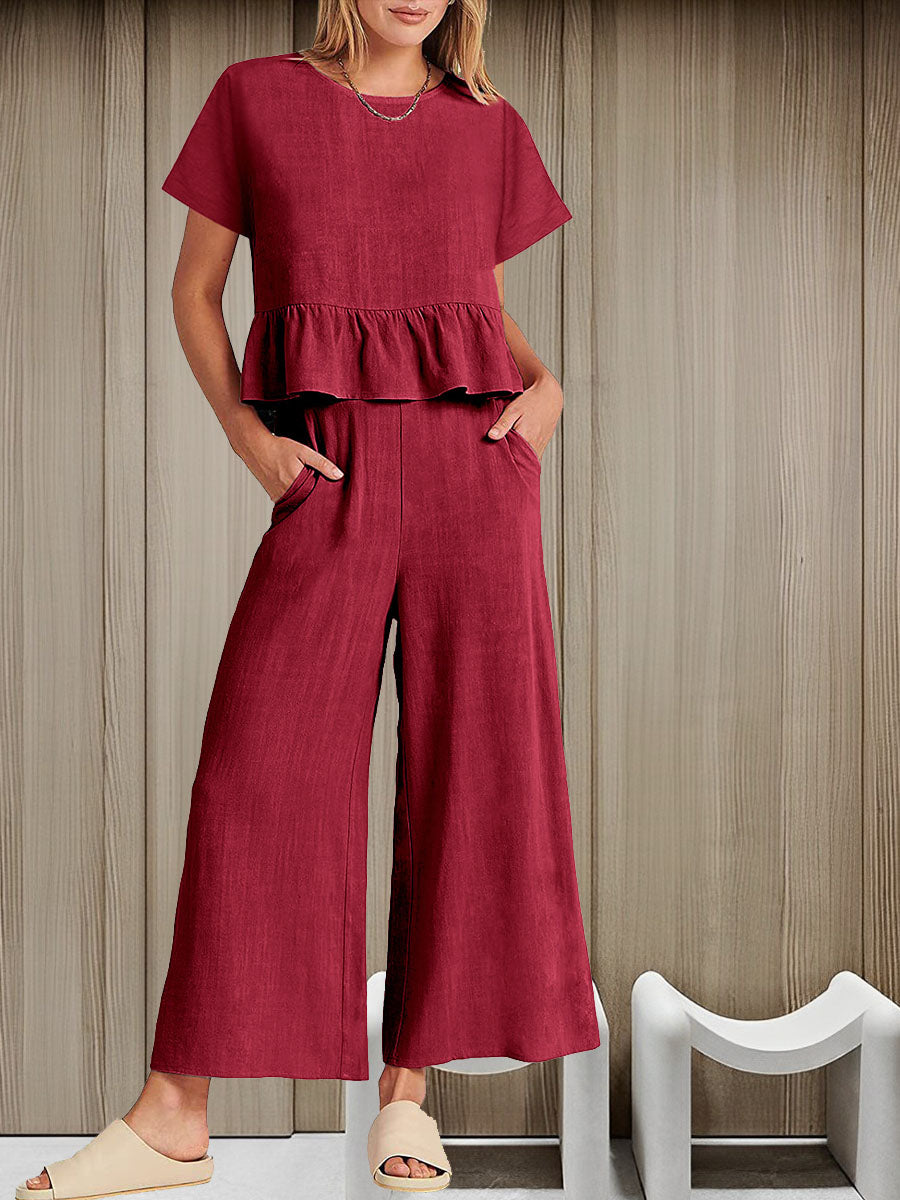 Two-piece ensemble with pleated short-sleeve blazer