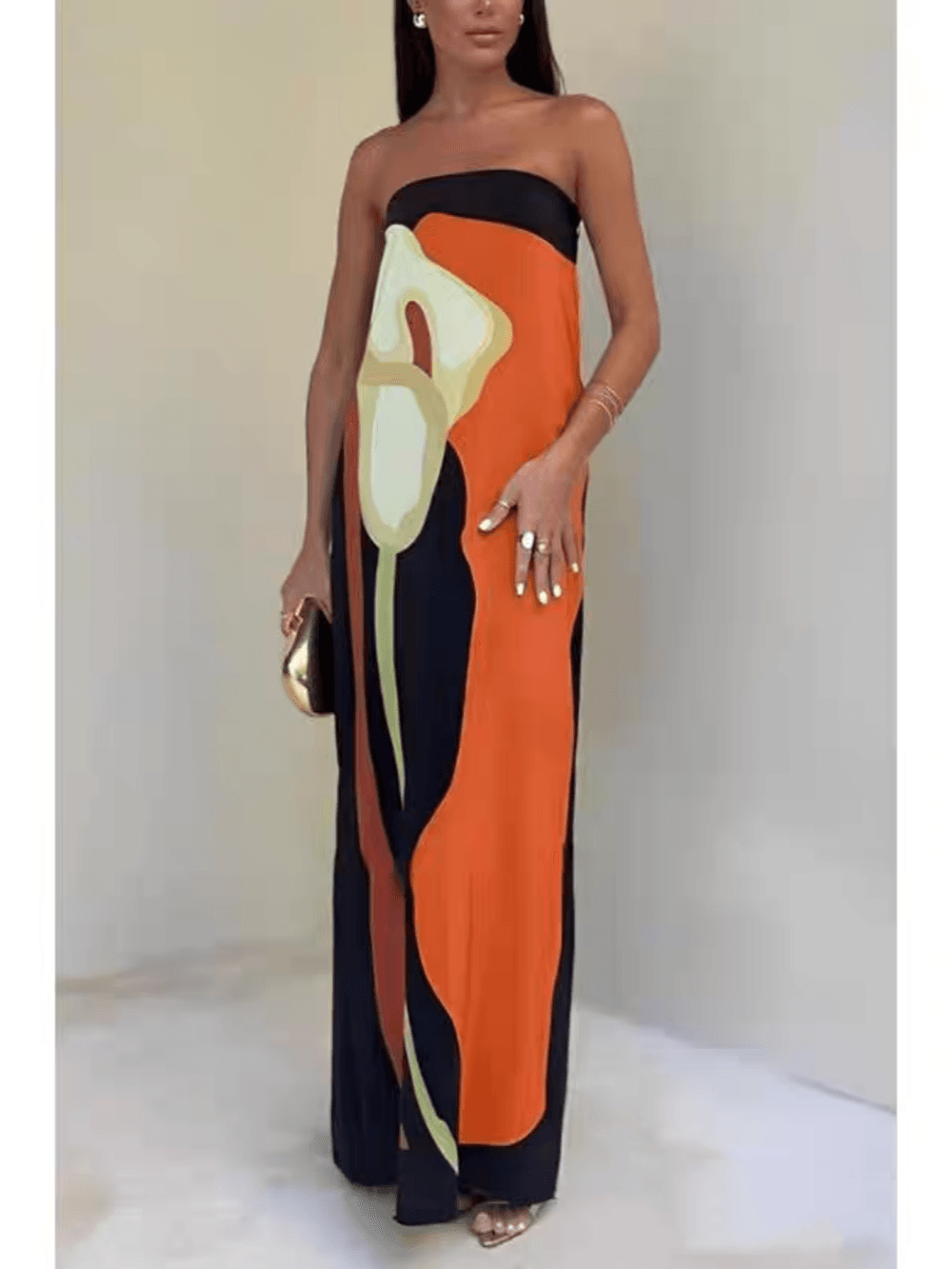 Sleeveless Strapless Color Block Pattern Long Dress