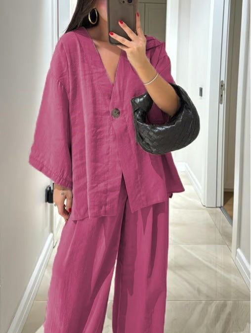 Comfortable Two-Piece Relaxed V-Neck Set