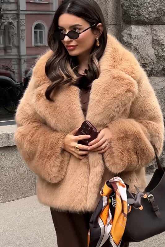 Fashionable Cropped Solid Color Fur Jacket