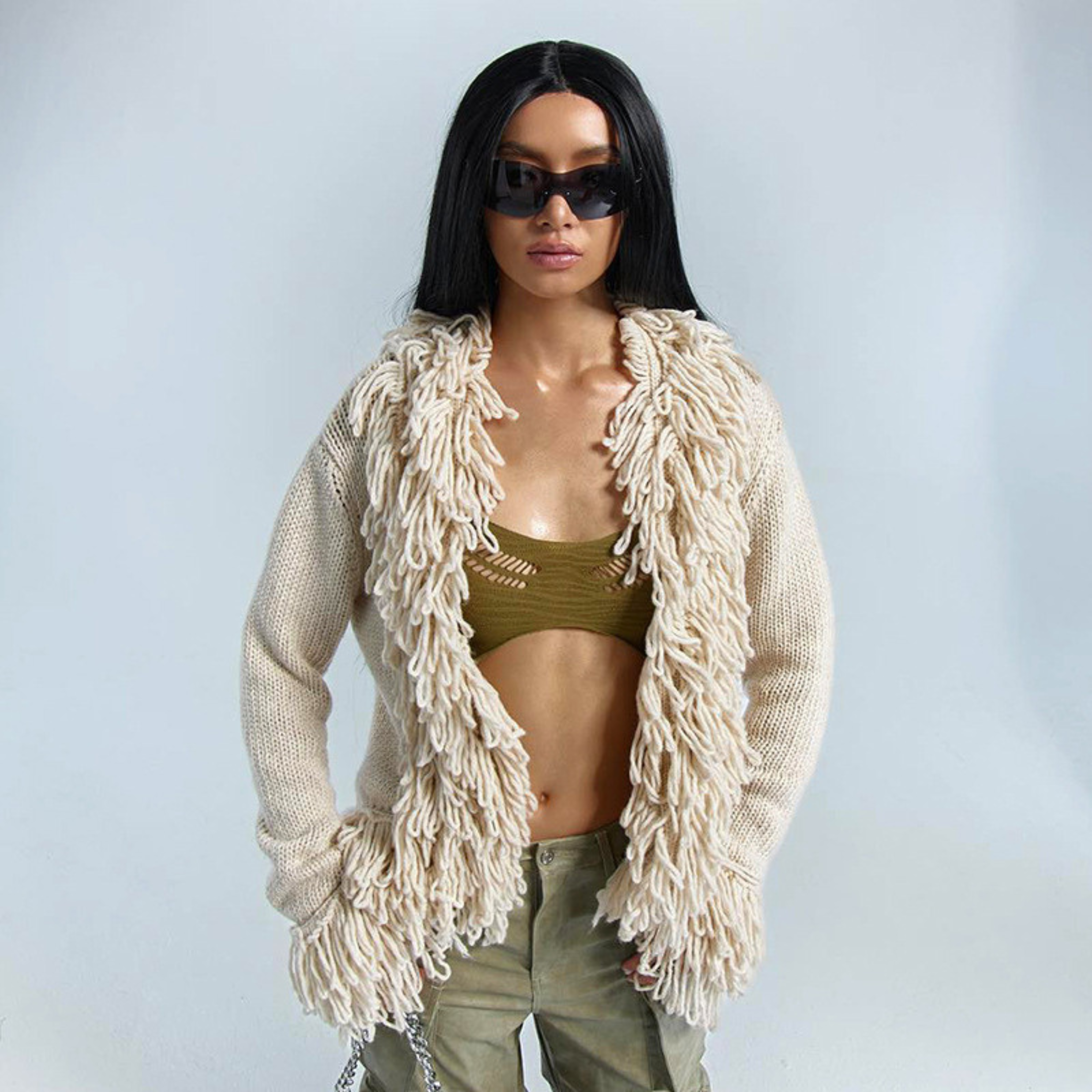 Fringed Long-Sleeve Open-Front Cardigan – Chic, Effortless Style
