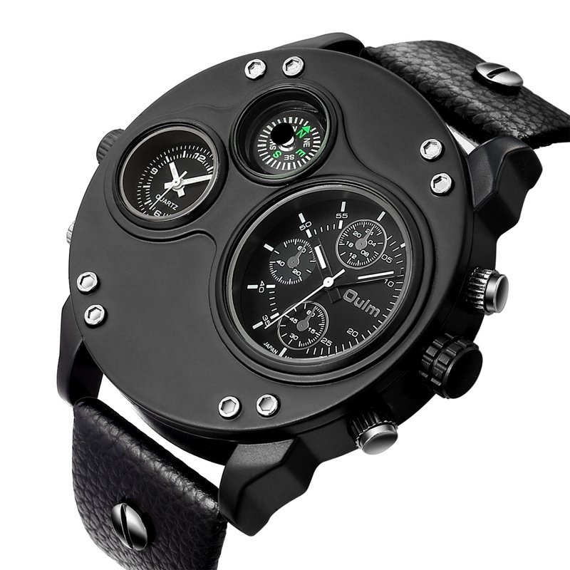 Elegant Black Leather Chronograph Watch with Dual Time Zones