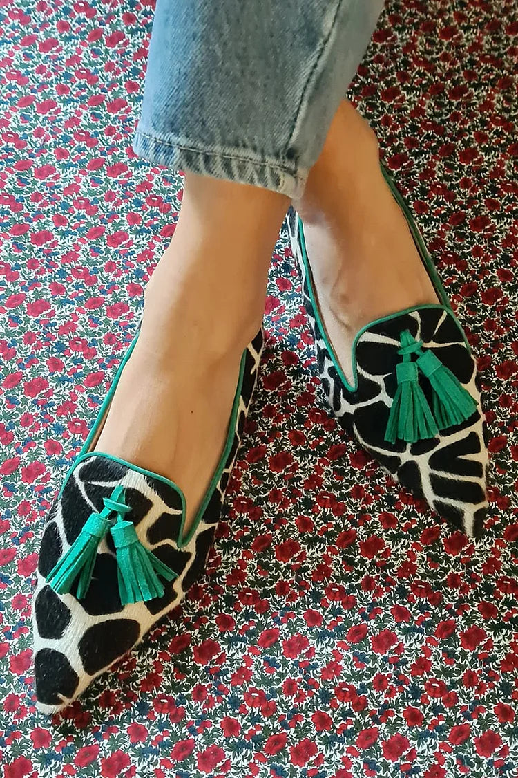 Pointed-Toe Loafer with Giraffe Print and Green Fringe