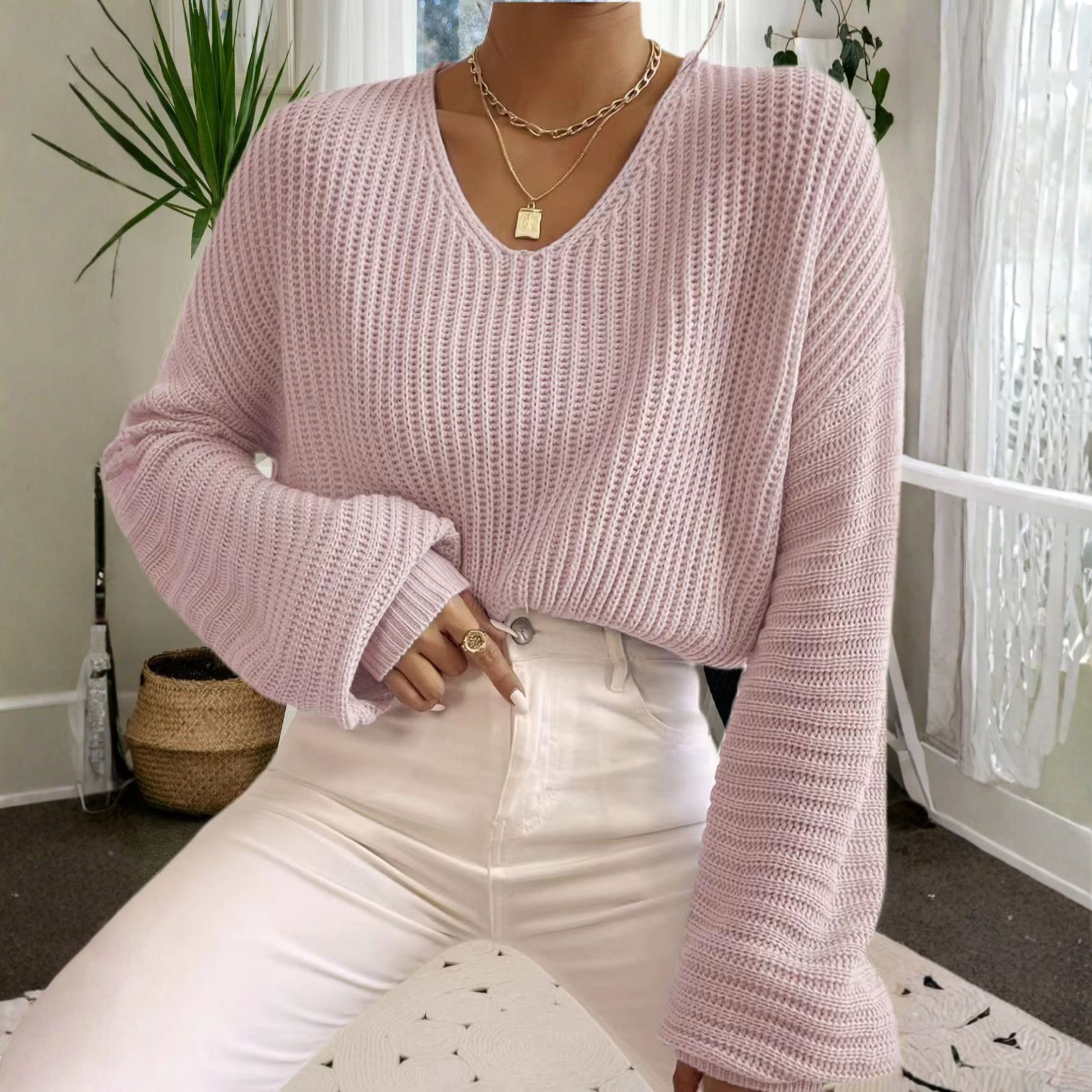 Cozy V-Neck Long-Sleeve Knit Sweater