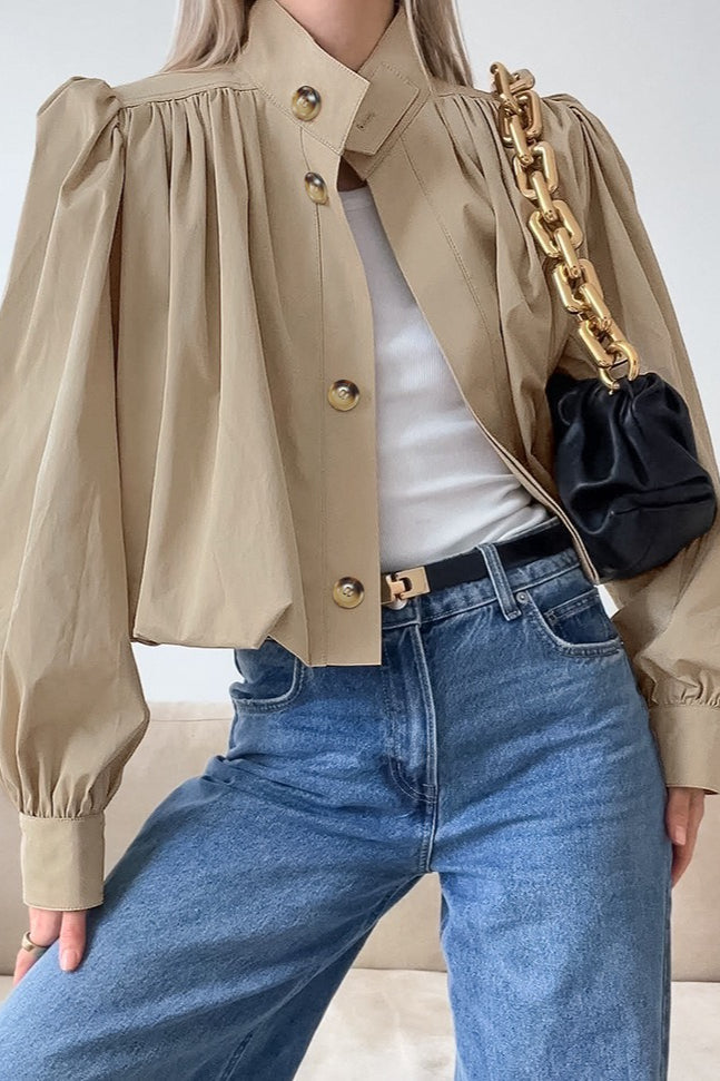 Short Khaki Puff Sleeve Trench Coat - Stylish and Chic Outerwear for Modern Look