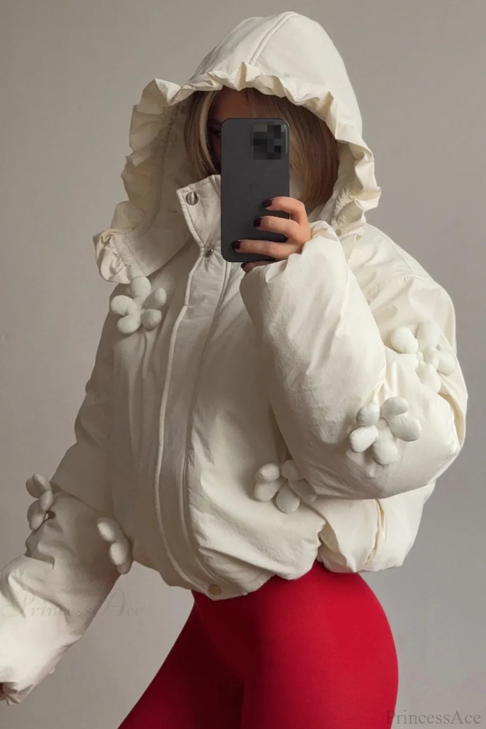 3D Flower Pattern Ruffle Hooded Crop Puffer Jacket