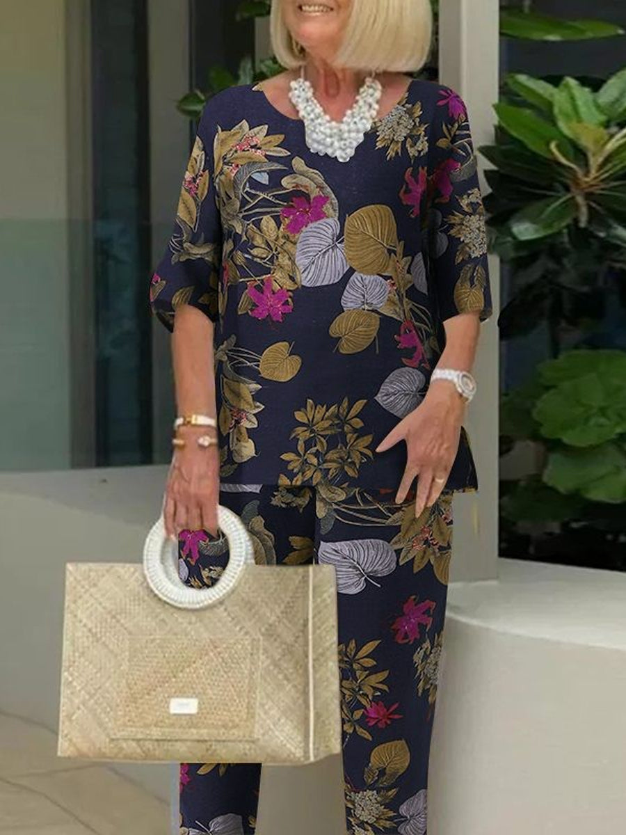 Two-Piece Floral Print Set with Round Neck