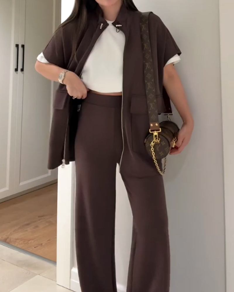 Elegant ensemble with trendy top and stretch waistband pants for a perfect look