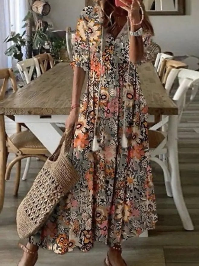 Elegant Casual Long Dress with V-Neck Print