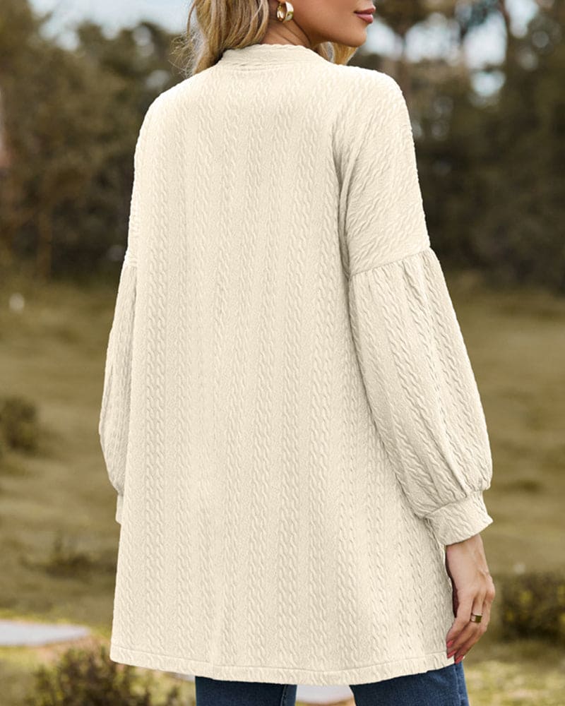 Women's Open-Front Cardigan in Textured Knit, Dramatic Long Voluminous Sleeves, Mid-Thigh Length