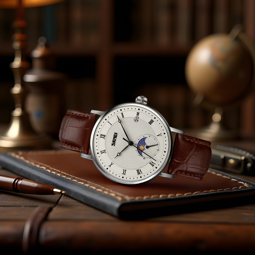 Stainless steel watch with crystal moon phase for an elegant and sophisticated look